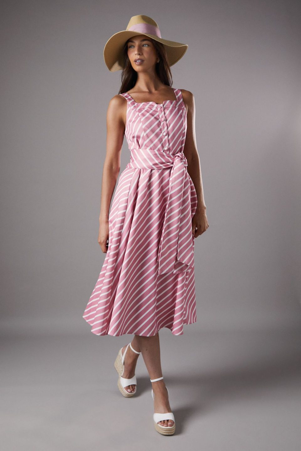 Lisa Tan Diagonal Stripe Belted Midi Dress