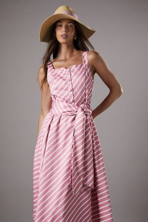 Lisa Tan Diagonal Stripe Belted Midi Dress
