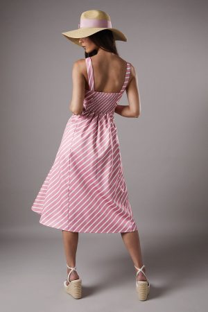 Lisa Tan Diagonal Stripe Belted Midi Dress