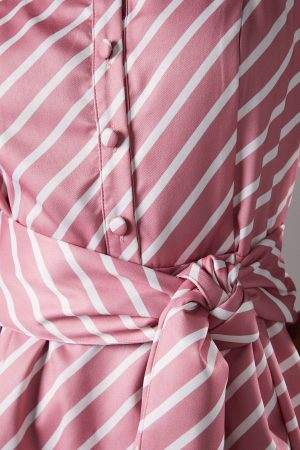 Lisa Tan Diagonal Stripe Belted Midi Dress