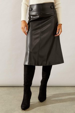 Black Tab Detail Faux Leather A Line Skirt