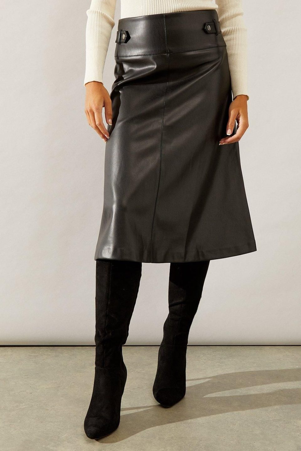 Black Tab Detail Faux Leather A Line Skirt