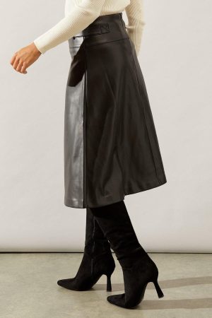 Black Tab Detail Faux Leather A Line Skirt