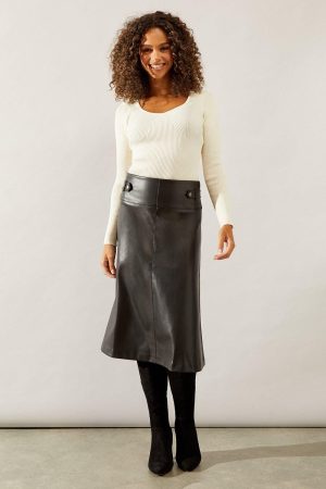 Black Tab Detail Faux Leather A Line Skirt