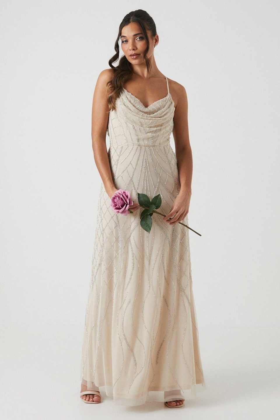 Petite Cowl Embellished Bridesmaid Maxi Dress