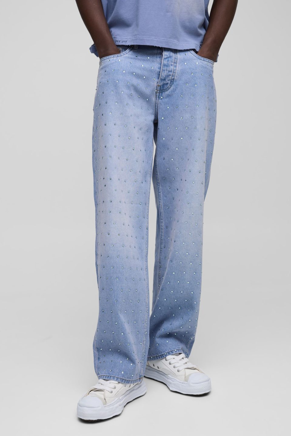 Relaxed Fit All Over Rhinestone Embellished Lilac Jeans