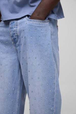 Relaxed Fit All Over Rhinestone Embellished Lilac Jeans