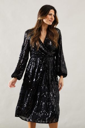 Occasion Sequin Wrap Detail Midi Dress