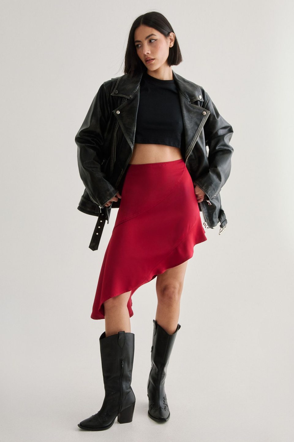 Satin Panelled Asymmetric Mini Skirt