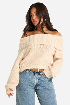 Petite Ribbed Bardot Balloon Sleeve Knitted Jumper