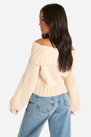 Petite Ribbed Bardot Balloon Sleeve Knitted Jumper