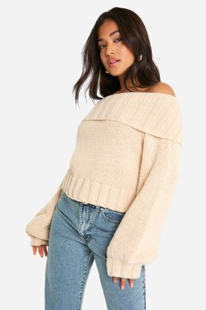 Petite Ribbed Bardot Balloon Sleeve Knitted Jumper