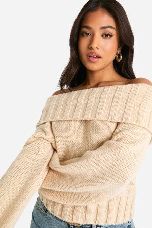 Petite Ribbed Bardot Balloon Sleeve Knitted Jumper