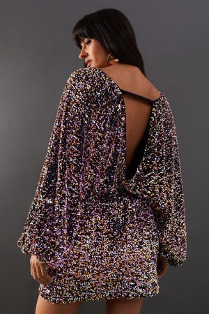 Velvet Sequin Plunge Neck Batwing Mini Dress