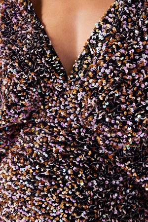 Velvet Sequin Plunge Neck Batwing Mini Dress
