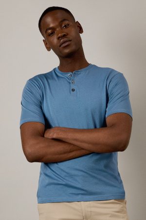 Mid Blue Grandad Neck T-shirt