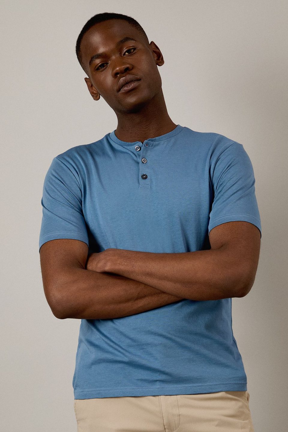 Mid Blue Grandad Neck T-shirt