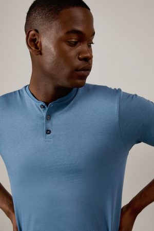 Mid Blue Grandad Neck T-shirt