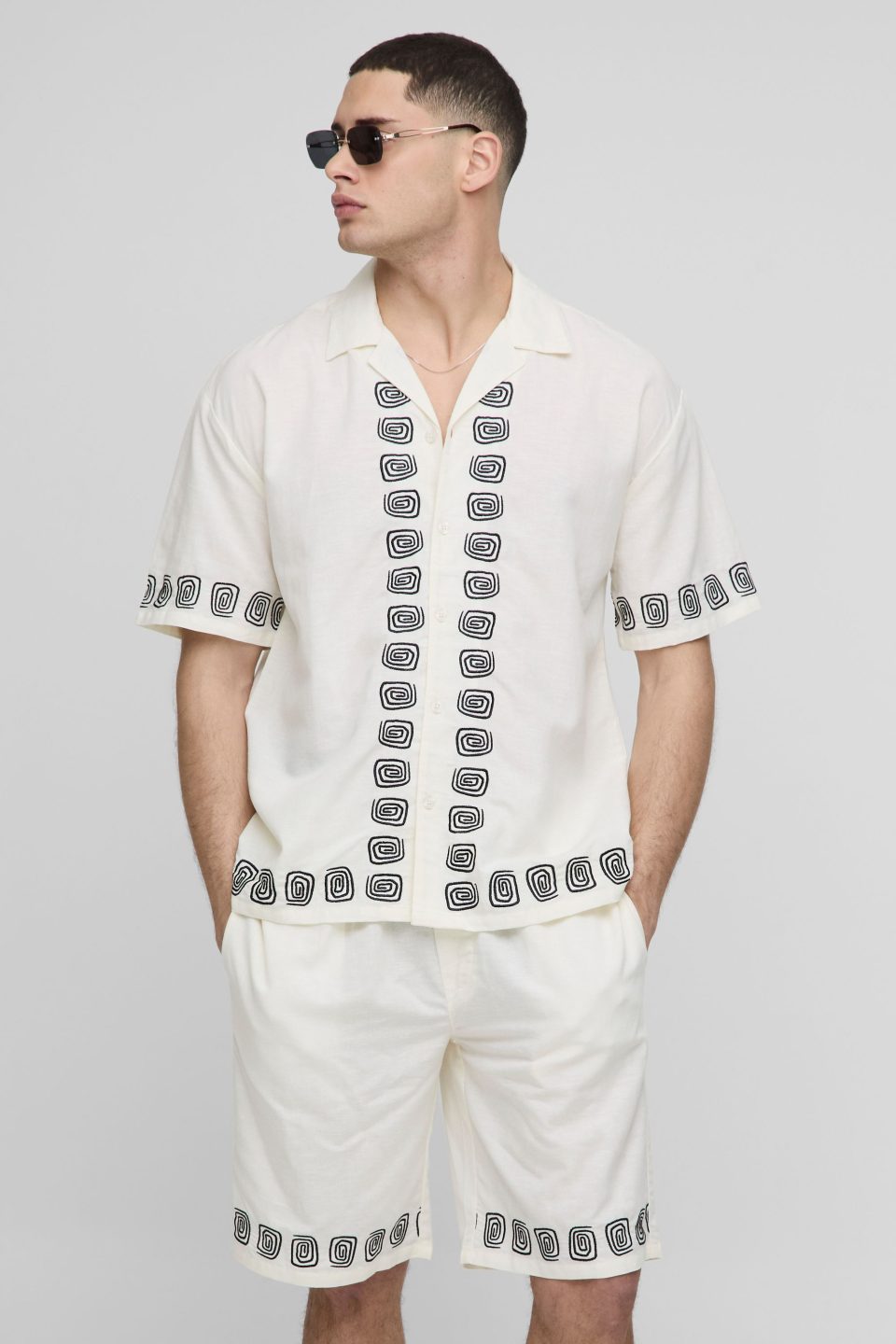 Oversized Embroidery Linen Blend Shirt & Short Set