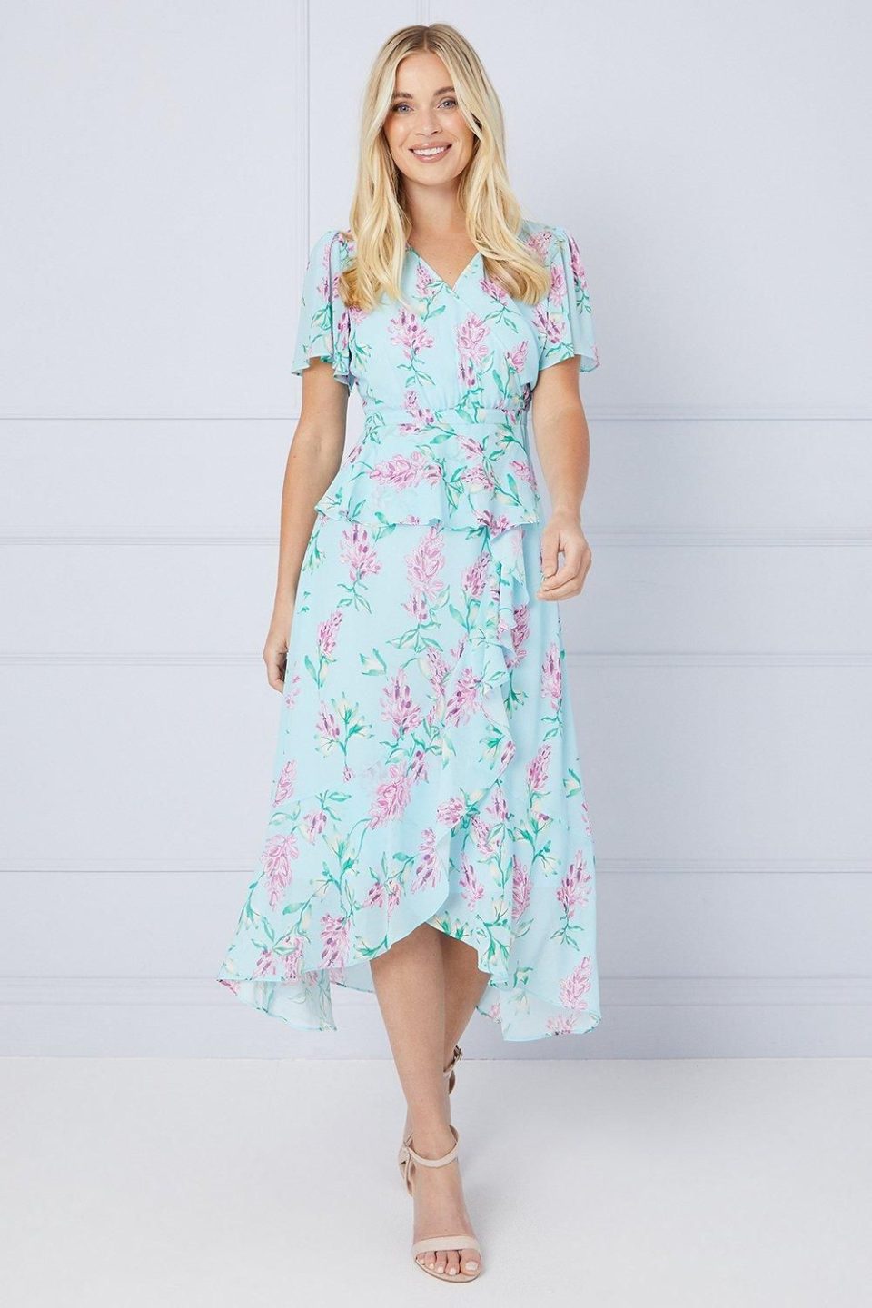 Petite Floral Ruffle Peplum Midi Dress