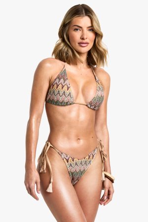 Zig Zag Knitted Triangle Bikini Top & Tie Side Bikini Bottoms Set