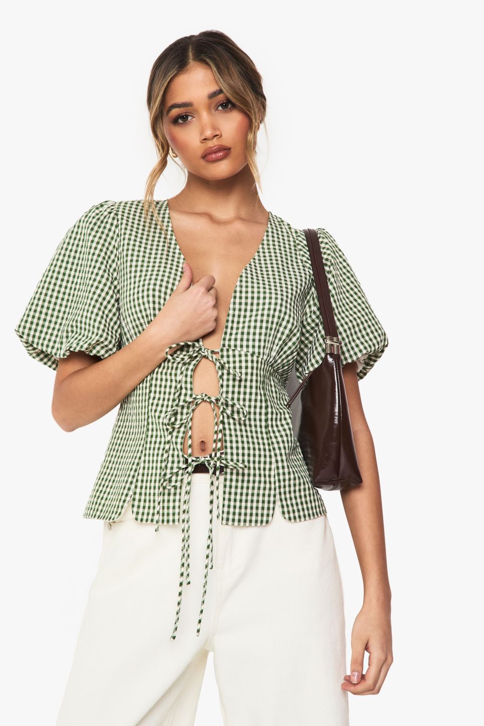 Woven Gingham Tie Front Puff Sleeve Top
