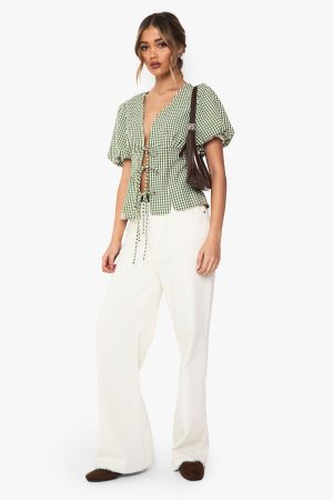 Woven Gingham Tie Front Puff Sleeve Top
