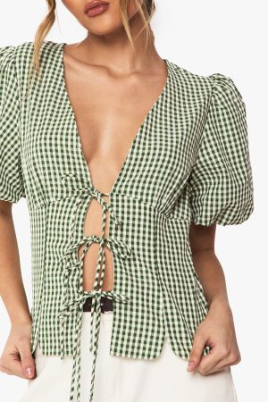Woven Gingham Tie Front Puff Sleeve Top