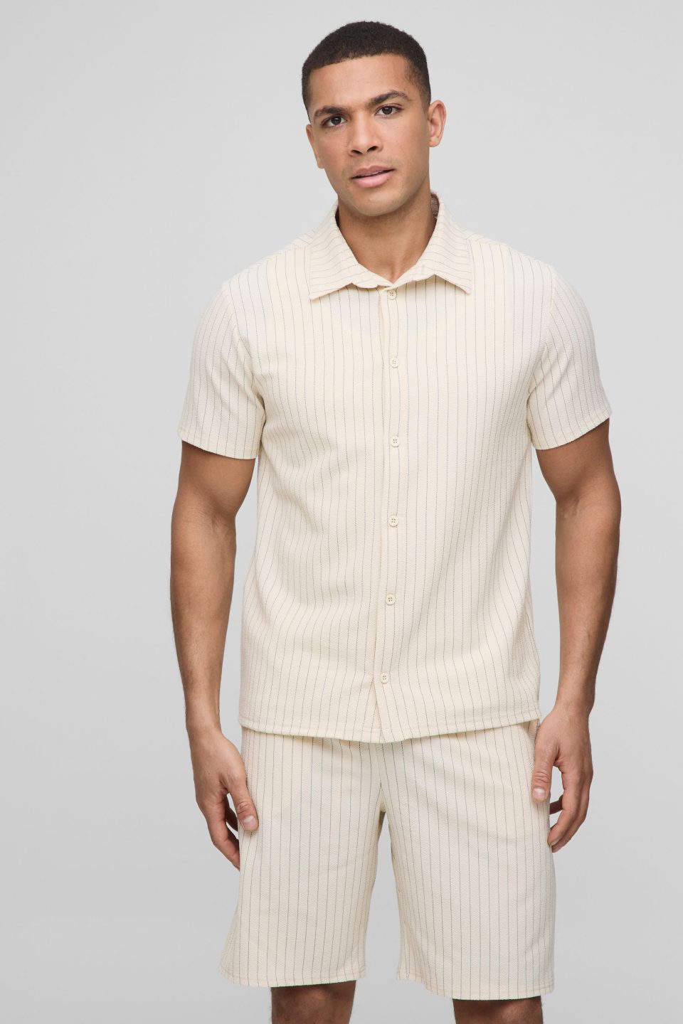 Regular Fit Pinstripe Seersucker Shirt & Short Set
