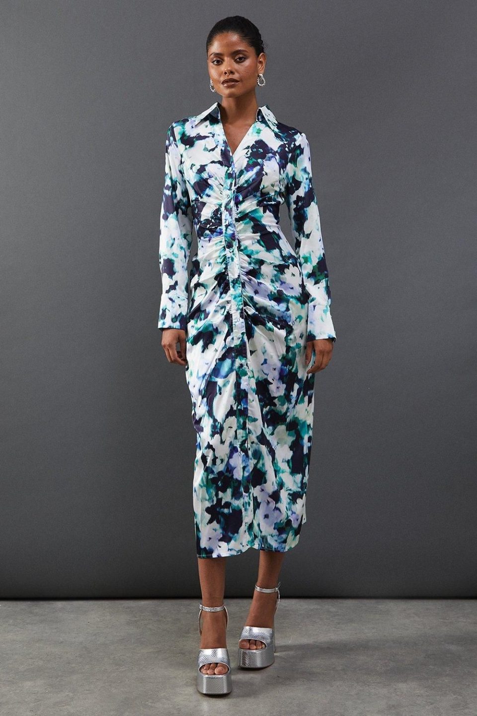 Floral Satin Ruched Front Midi Shirt Dress