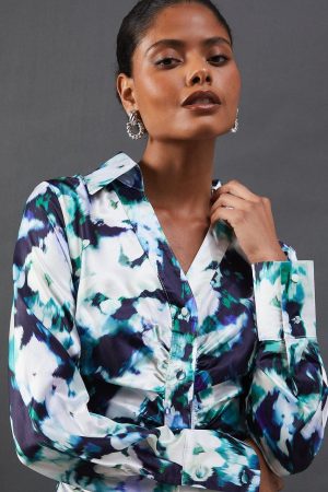 Floral Satin Ruched Front Midi Shirt Dress