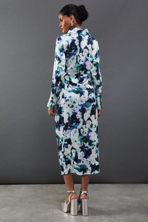 Floral Satin Ruched Front Midi Shirt Dress