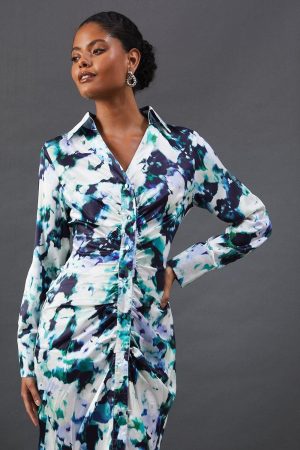 Floral Satin Ruched Front Midi Shirt Dress