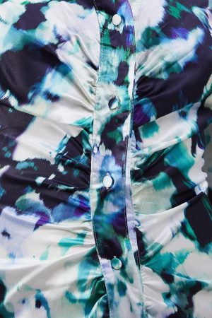 Floral Satin Ruched Front Midi Shirt Dress