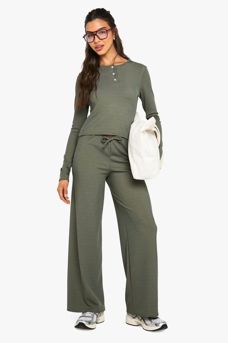 Rib Button Up Long Sleeve Crop Top And Drawstring Trouser Set