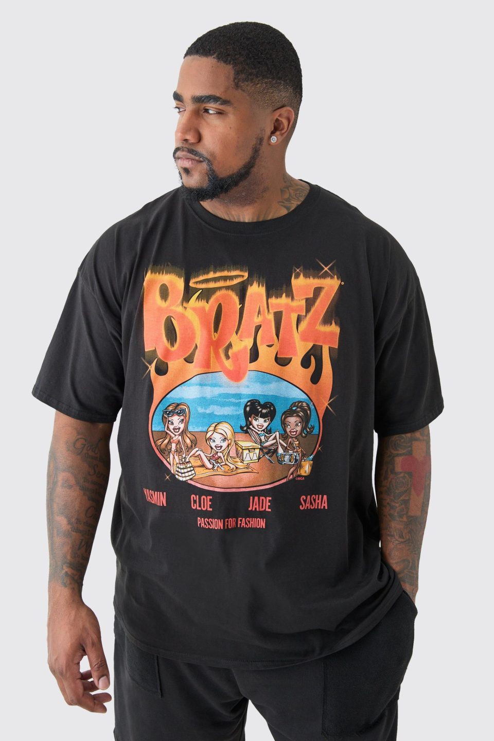 Plus Bratz Flame Print Loose Fit License T-shirt In Black