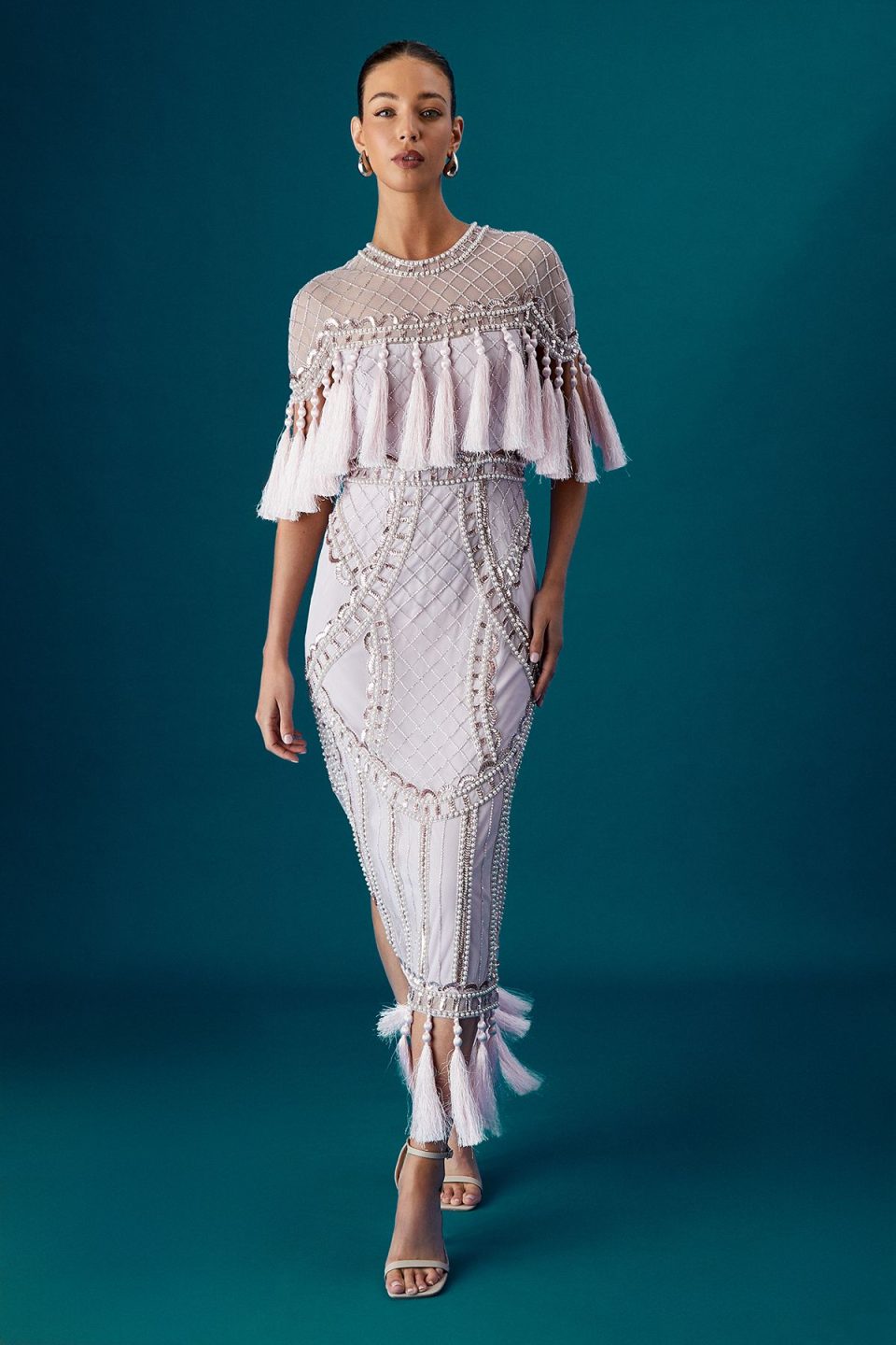 Tassel Cape Sequin Maxi Dress