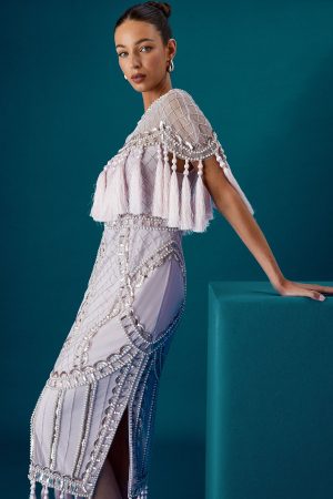 Tassel Cape Sequin Maxi Dress