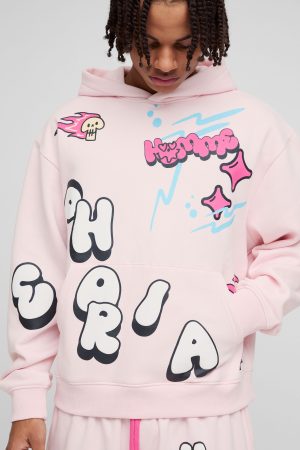 Oversized Boxy Doodle Graphic Puff Print Hoodie