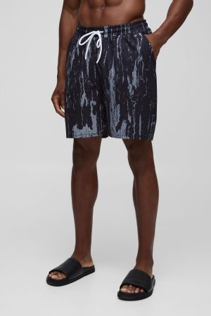 Regular Fit Mid Length Abstract Leaf Print Swim Short