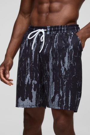 Regular Fit Mid Length Abstract Leaf Print Swim Short