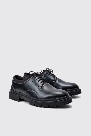 Faux Leather Contrast Stitch Brogue In Black