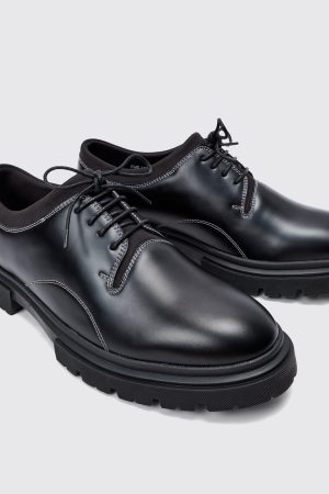 Faux Leather Contrast Stitch Brogue In Black