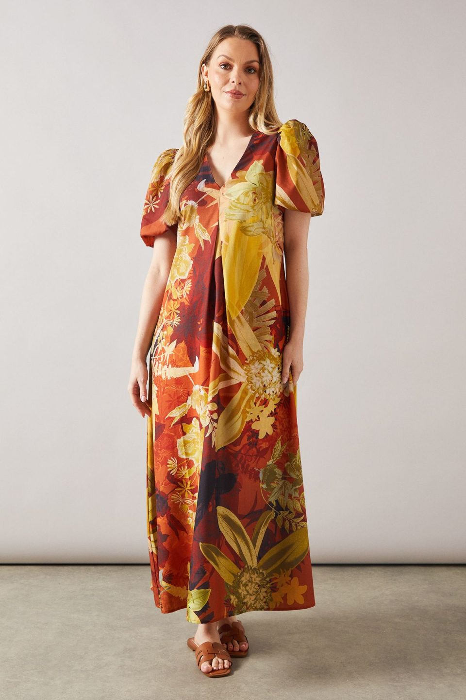 Printed Pleat Puff Sleeve Midaxi Dress