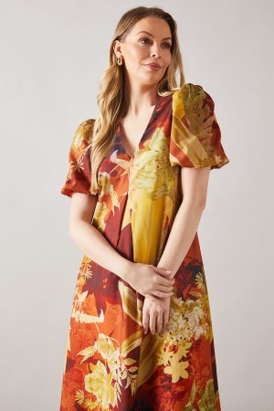 Printed Pleat Puff Sleeve Midaxi Dress