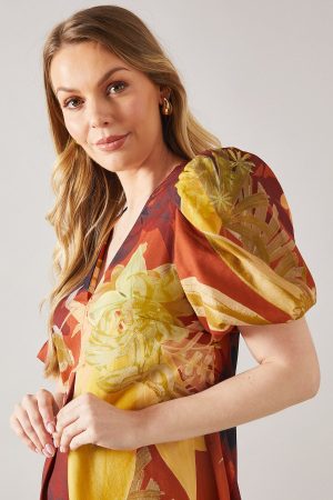 Printed Pleat Puff Sleeve Midaxi Dress