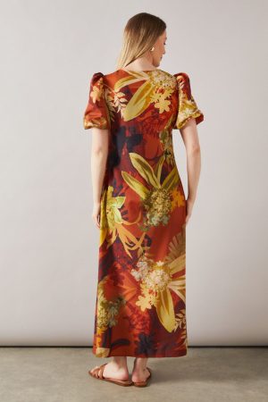 Printed Pleat Puff Sleeve Midaxi Dress