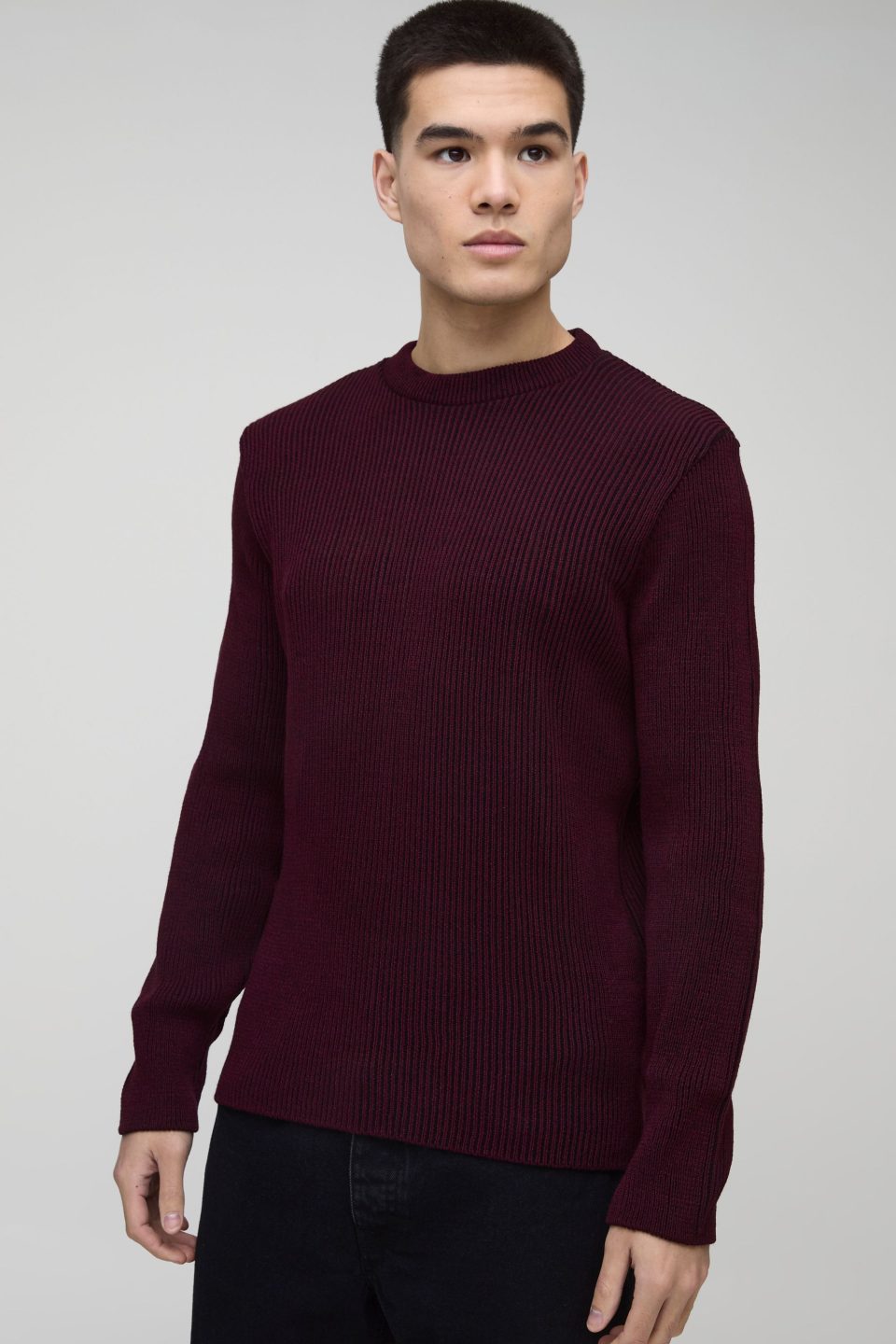Regular Crew Neck Plated Ribbed Knit Jumper