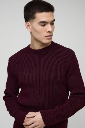 Regular Crew Neck Plated Ribbed Knit Jumper