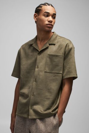 Oversized Faux Suede Revere Neck Shirt